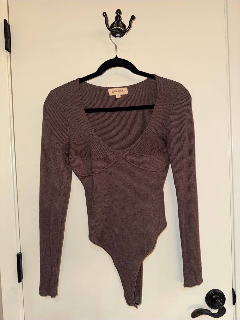 La Femme Brown Ribbed Long-Sleeve Bodysuit